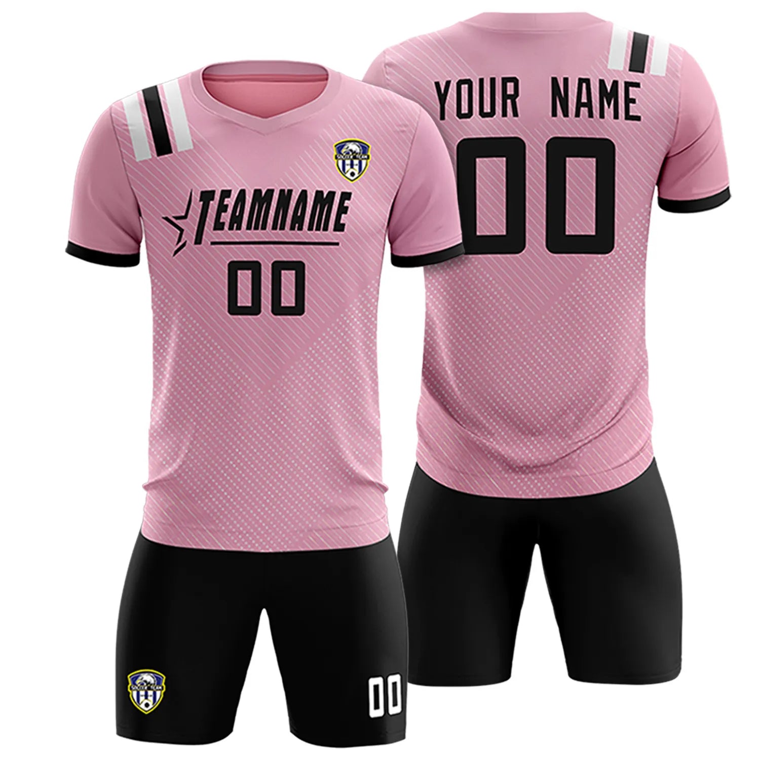 Custom Light Pink Black Shoulder Stripes Sport Soccer Sets Jersey