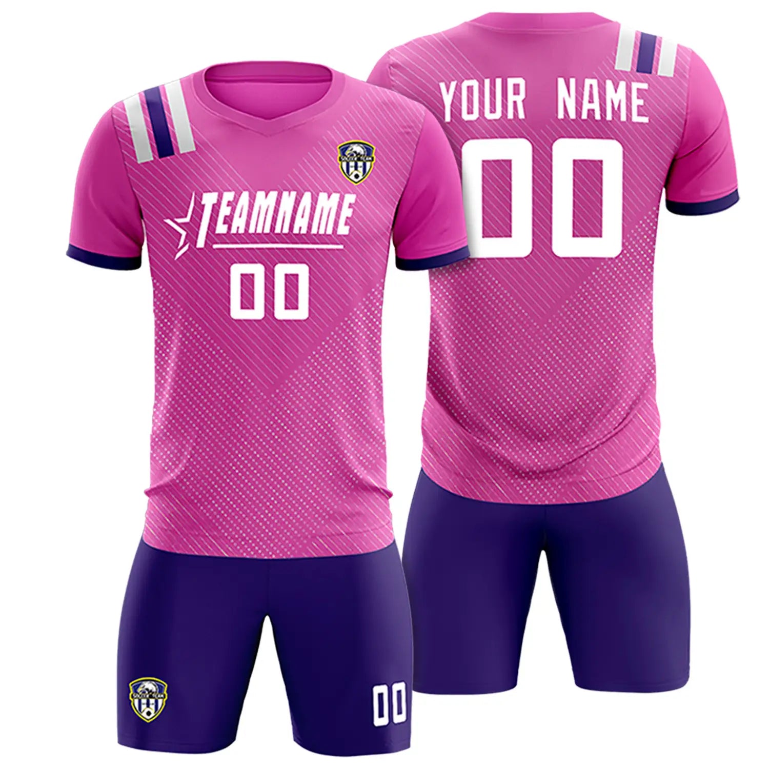 Custom Pink Purple Shoulder Stripes Sport Soccer Sets Jersey