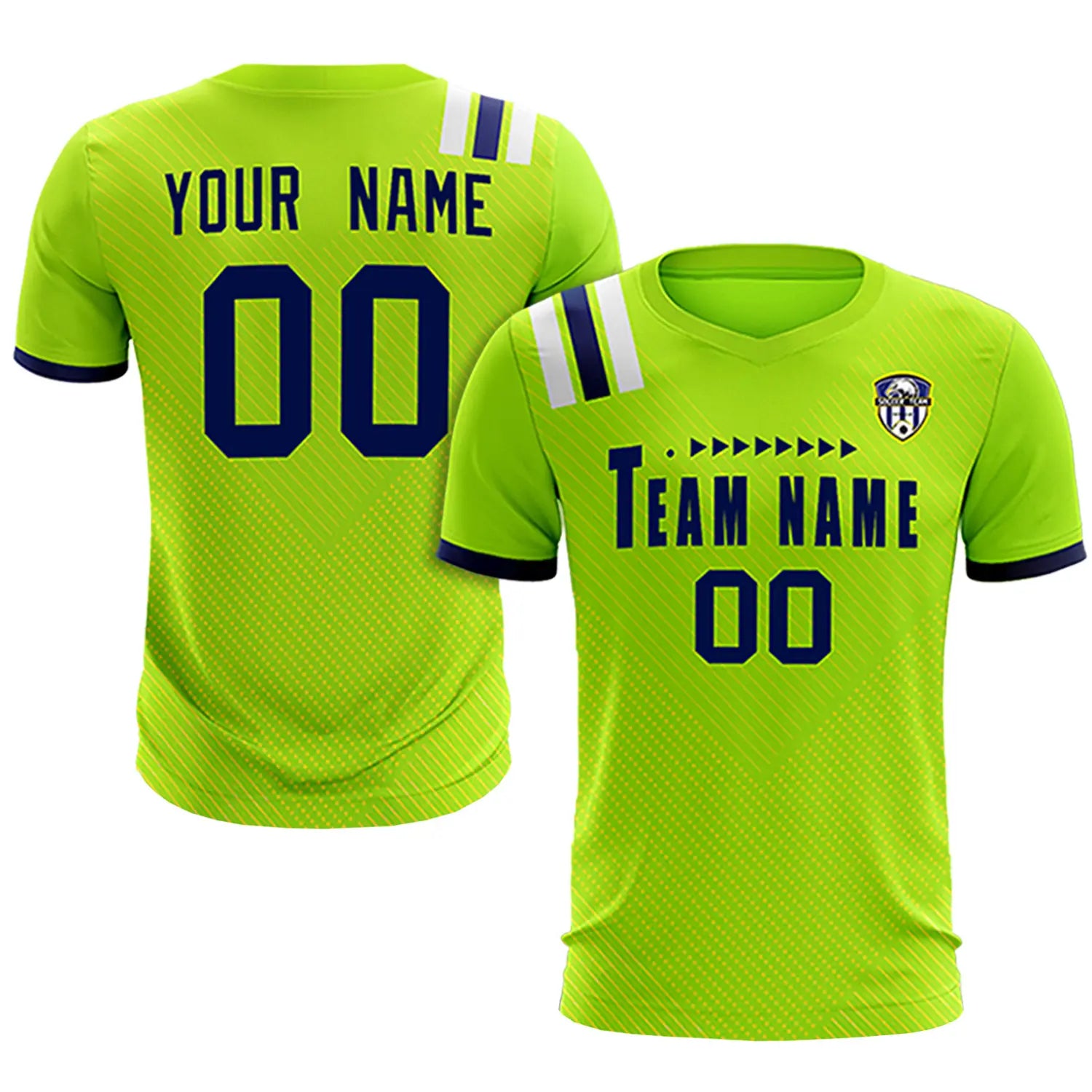 Custom Neon Green Navy Shoulder Stripes Sport Soccer Sets Jersey
