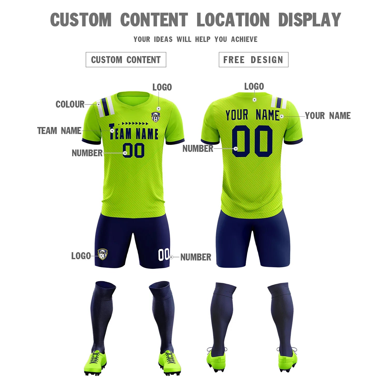 Custom Neon Green Navy Shoulder Stripes Sport Soccer Sets Jersey