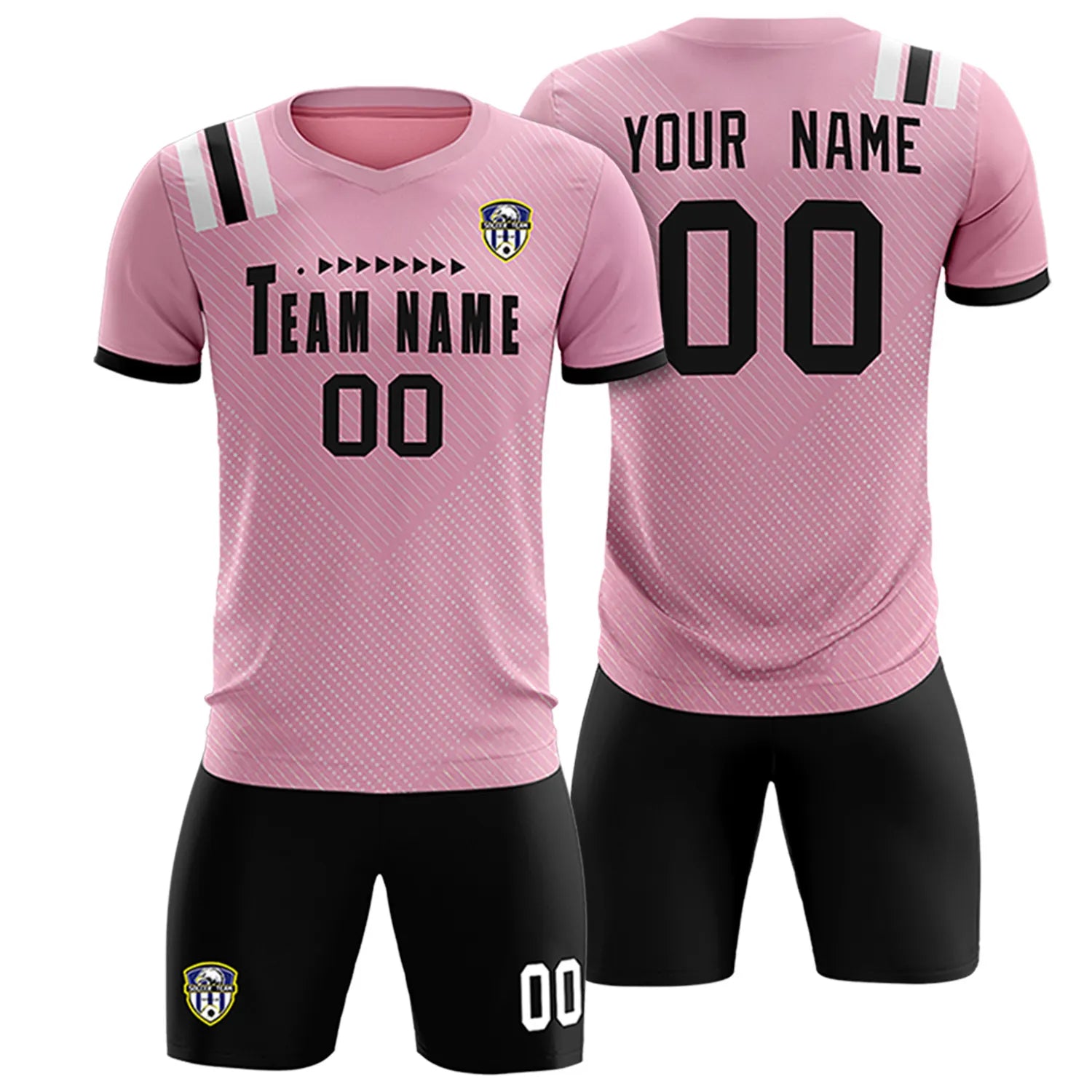 Custom Light Pink Black Shoulder Stripes Sport Soccer Sets Jersey