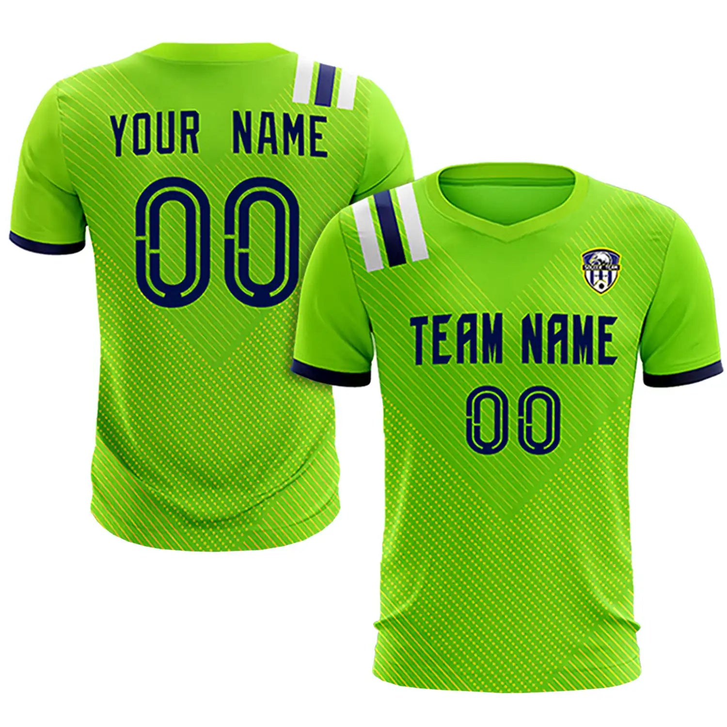 Custom Neon Green Navy Shoulder Stripes Sport Soccer Sets Jersey