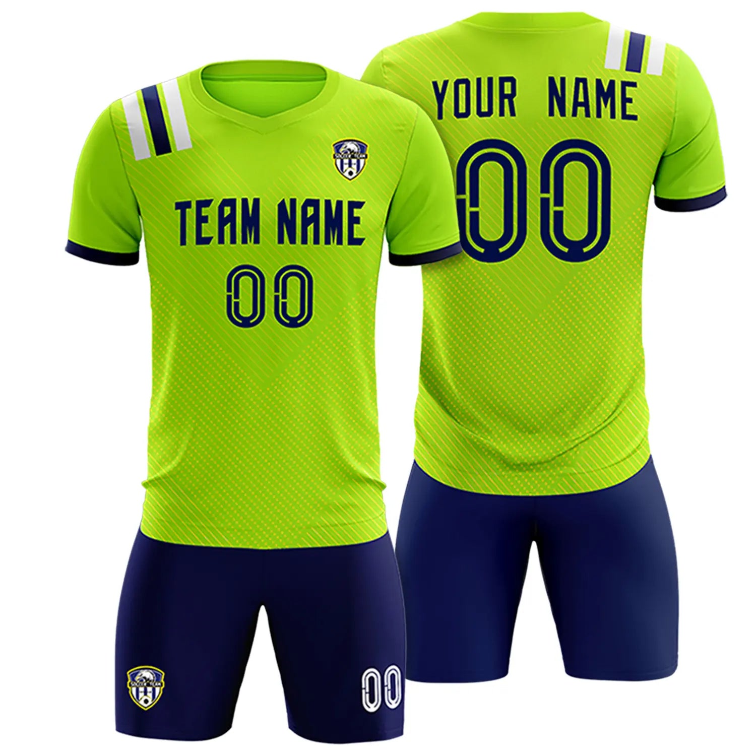 Custom Neon Green Navy Shoulder Stripes Sport Soccer Sets Jersey