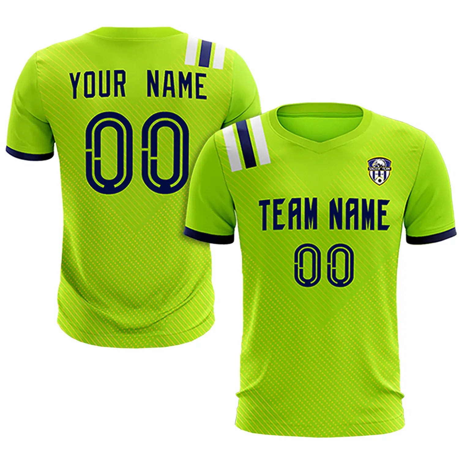 Custom Neon Green Navy Shoulder Stripes Sport Soccer Sets Jersey