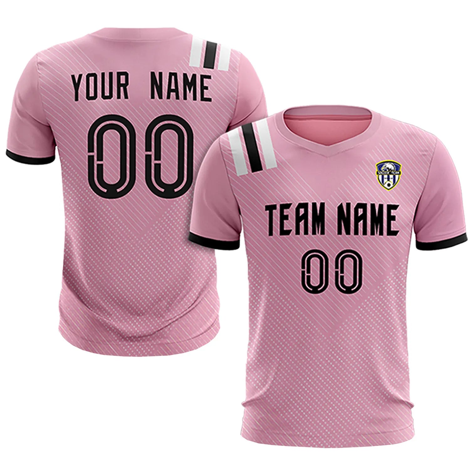 Custom Light Pink Black Shoulder Stripes Sport Soccer Sets Jersey