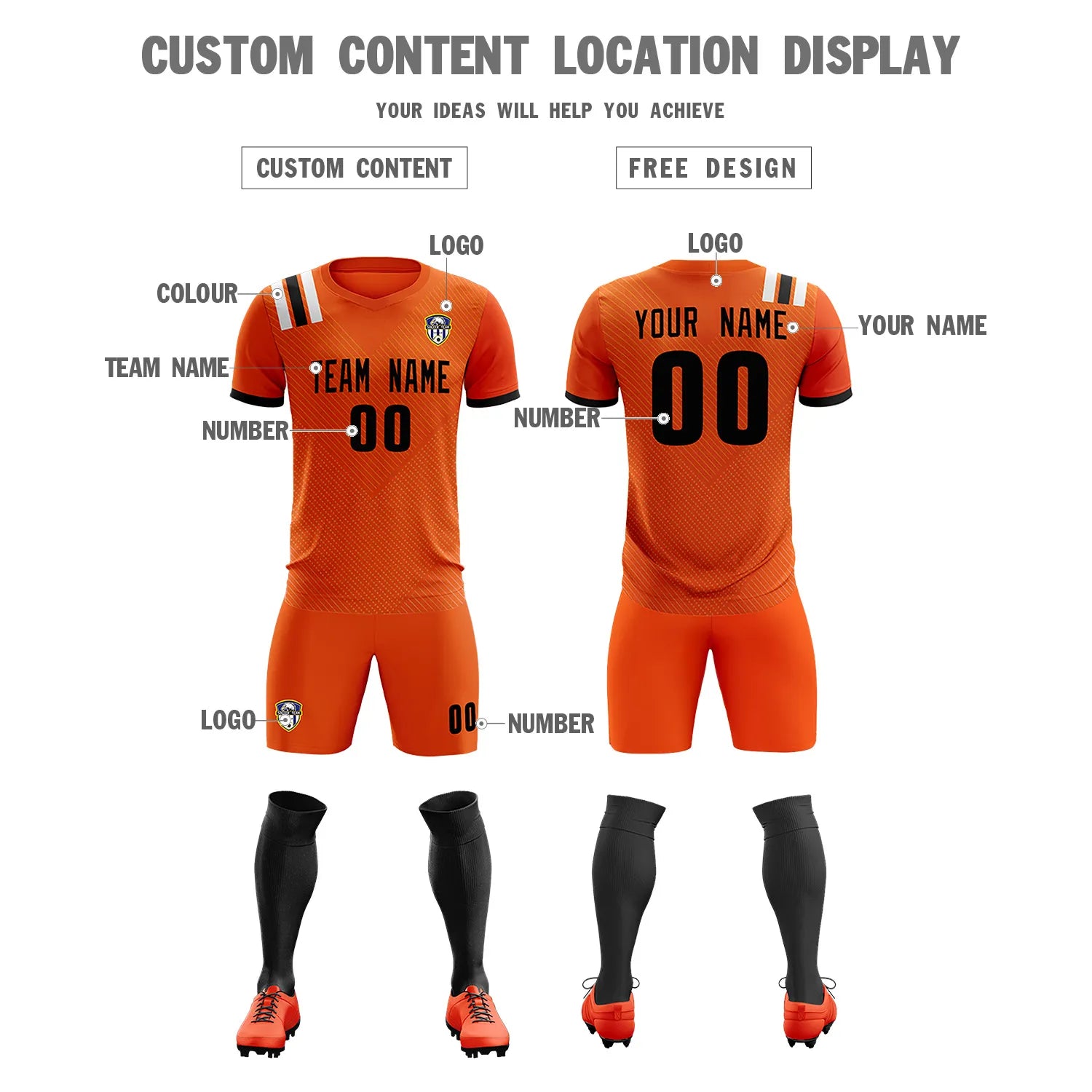 Custom Orange Black Shoulder Stripes Sport Soccer Sets Jersey