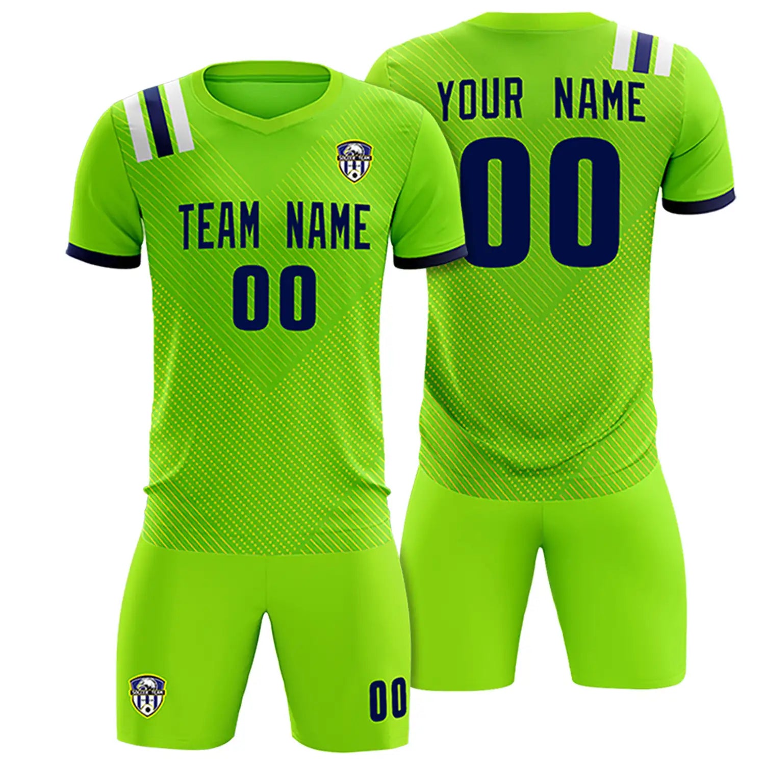Custom Neon Green Navy Shoulder Stripes Sport Soccer Sets Jersey