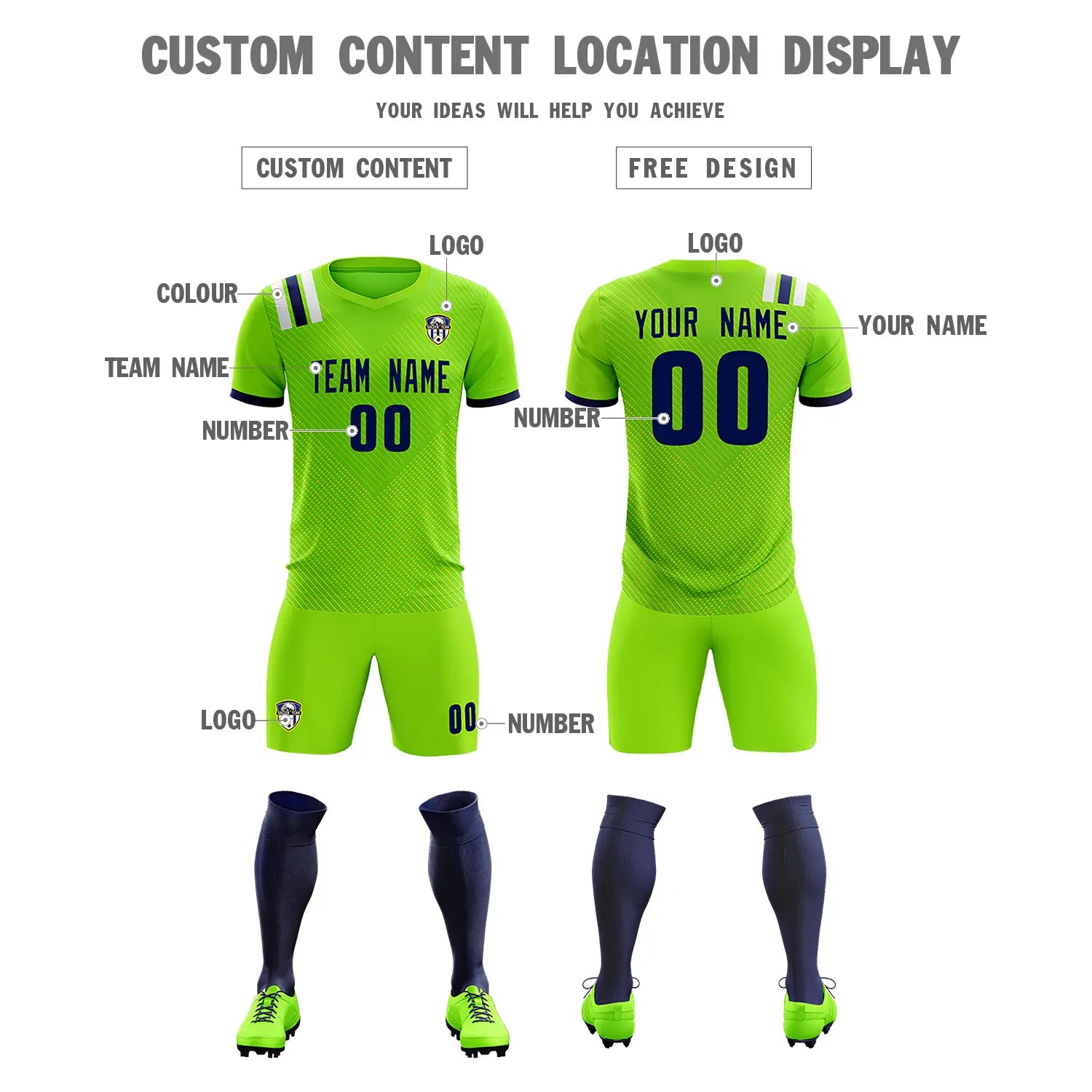 Custom Neon Green Navy Shoulder Stripes Sport Soccer Sets Jersey