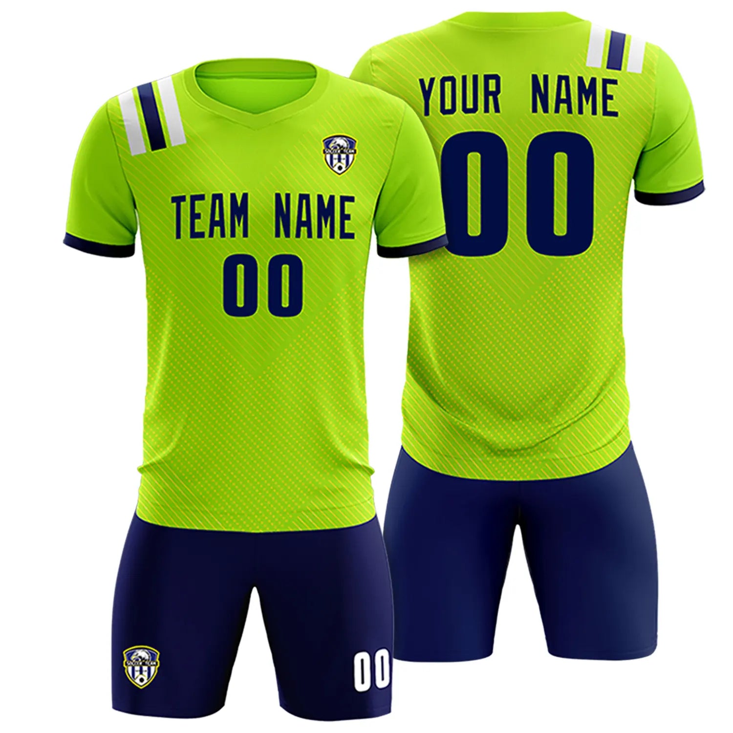 Custom Neon Green Navy Shoulder Stripes Sport Soccer Sets Jersey