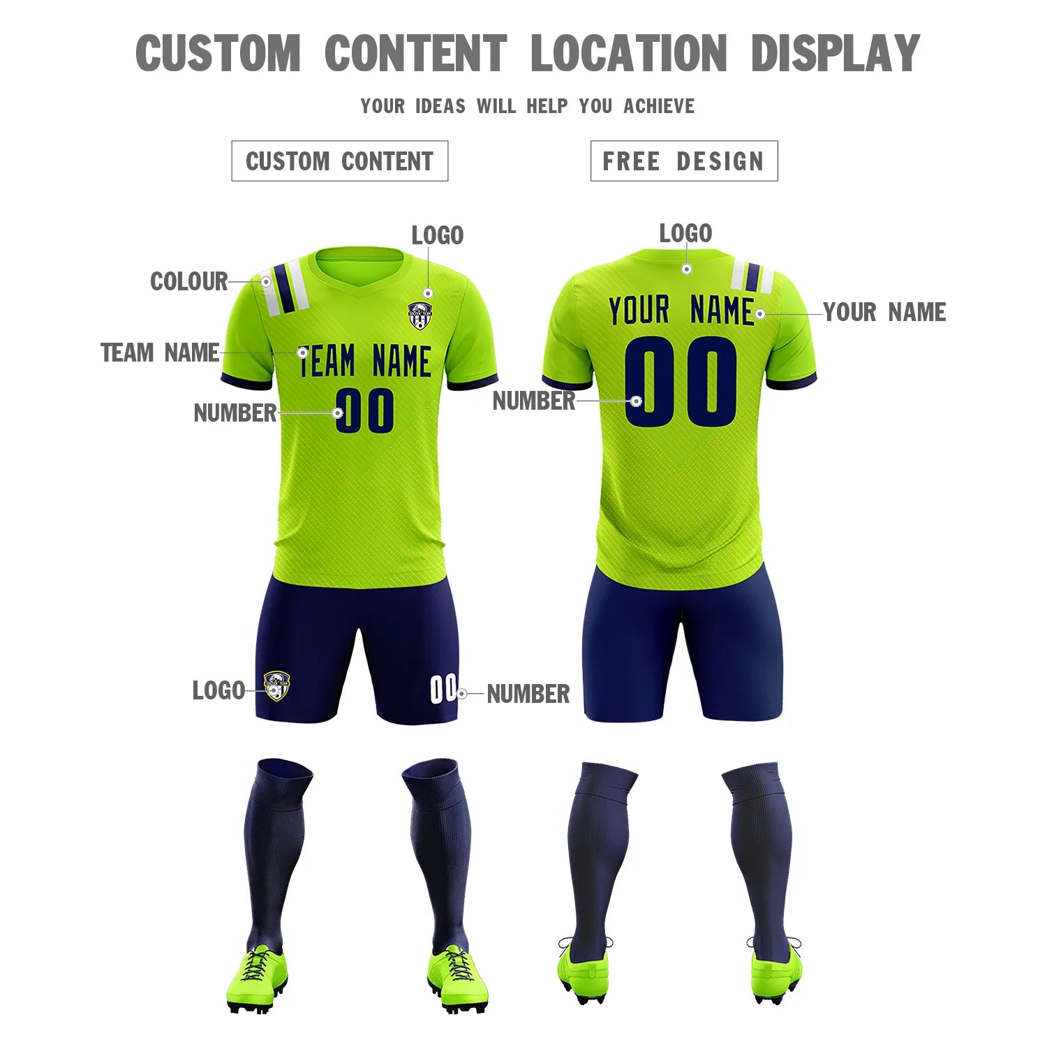 Custom Neon Green Navy Shoulder Stripes Sport Soccer Sets Jersey