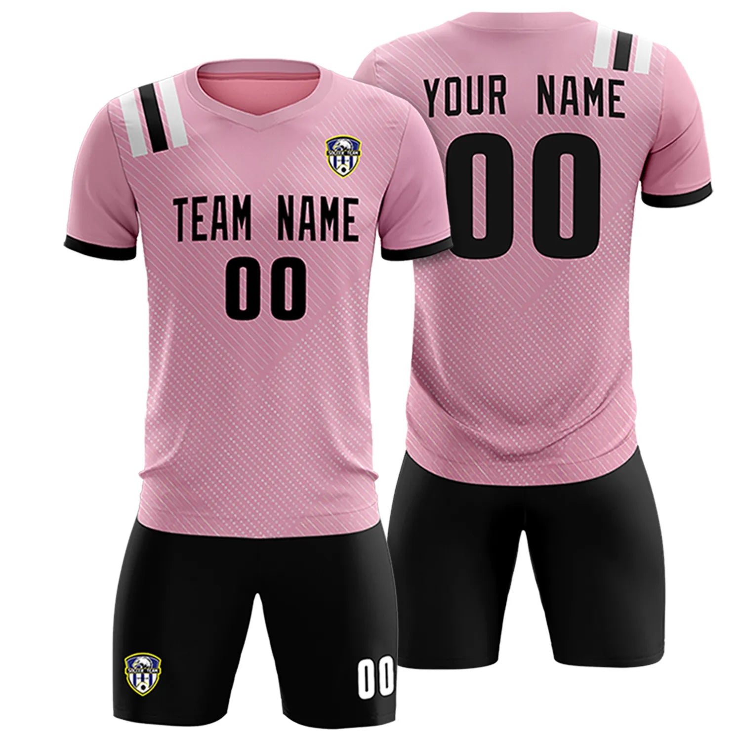 Custom Light Pink Black Shoulder Stripes Sport Soccer Sets Jersey