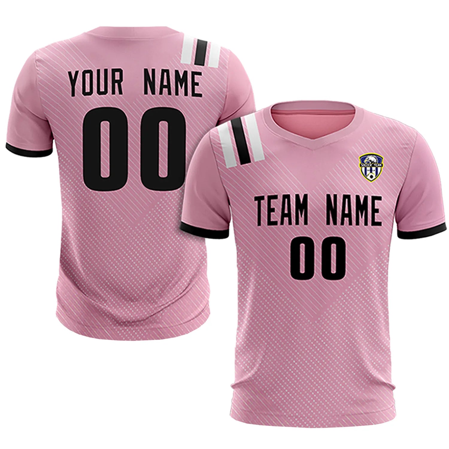 Custom Light Pink Black Shoulder Stripes Sport Soccer Sets Jersey