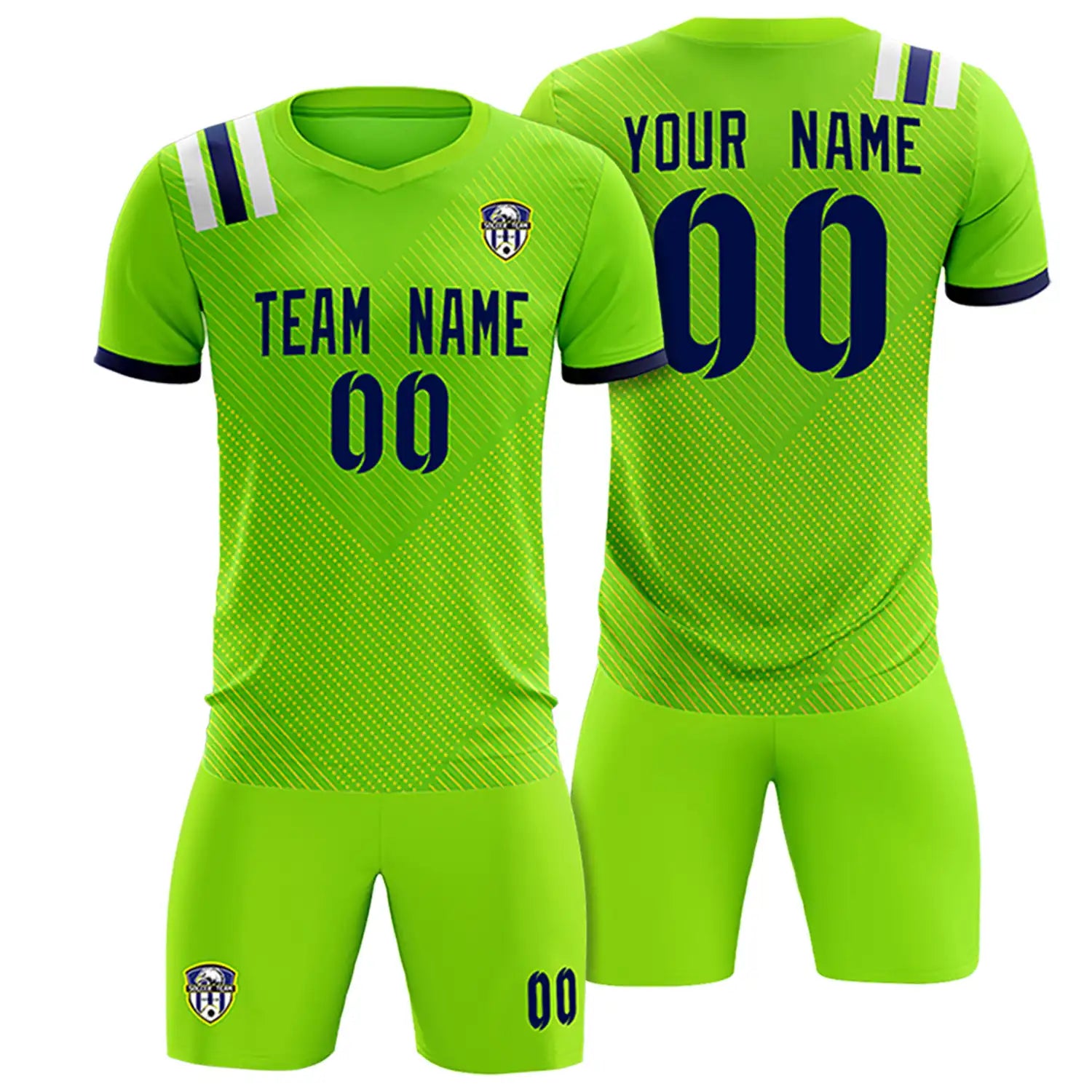 Custom Neon Green Navy Shoulder Stripes Sport Soccer Sets Jersey