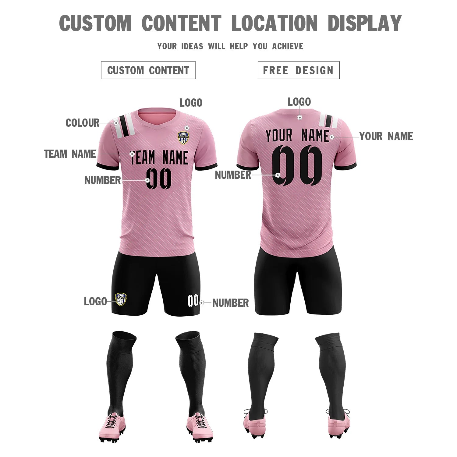 Custom Light Pink Black Shoulder Stripes Sport Soccer Sets Jersey