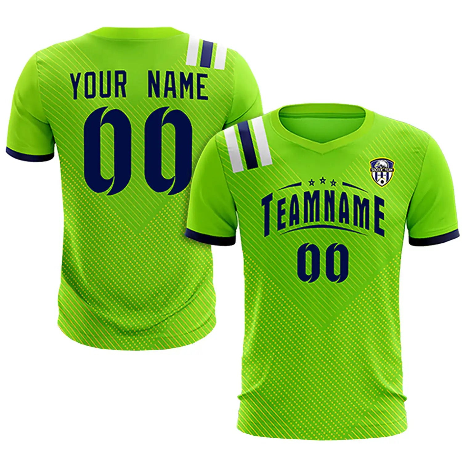 Custom Neon Green Navy Shoulder Stripes Sport Soccer Sets Jersey