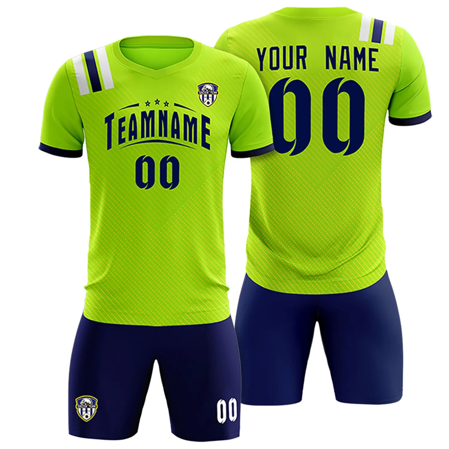 Custom Neon Green Navy Shoulder Stripes Sport Soccer Sets Jersey