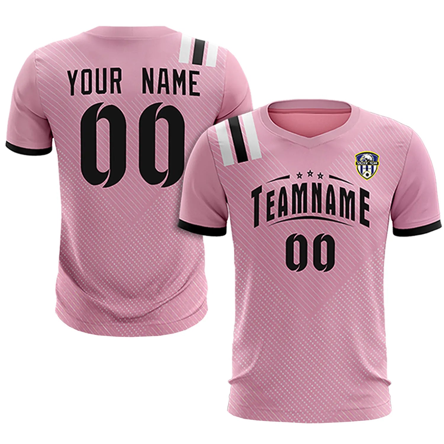 Custom Light Pink Black Shoulder Stripes Sport Soccer Sets Jersey