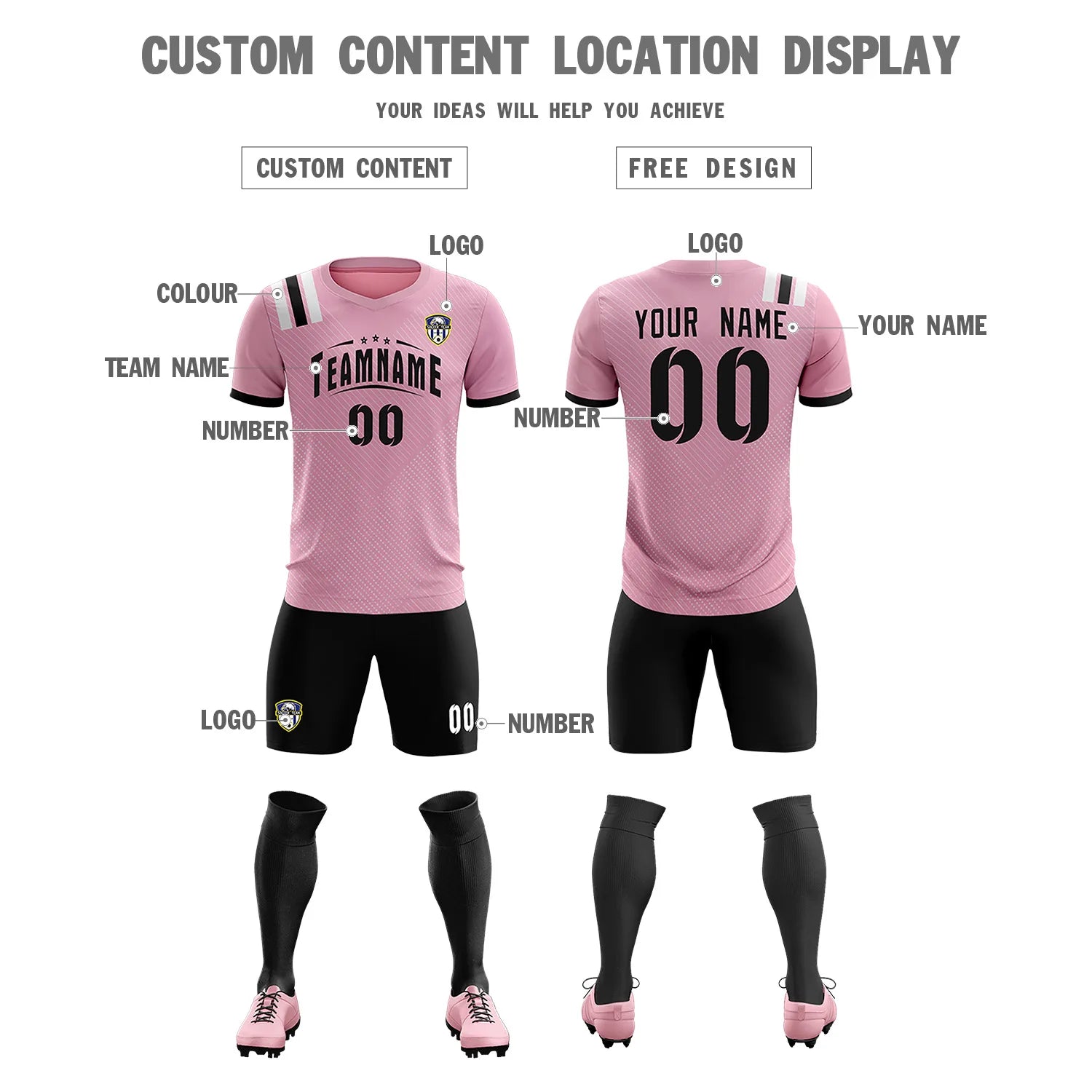 Custom Light Pink Black Shoulder Stripes Sport Soccer Sets Jersey