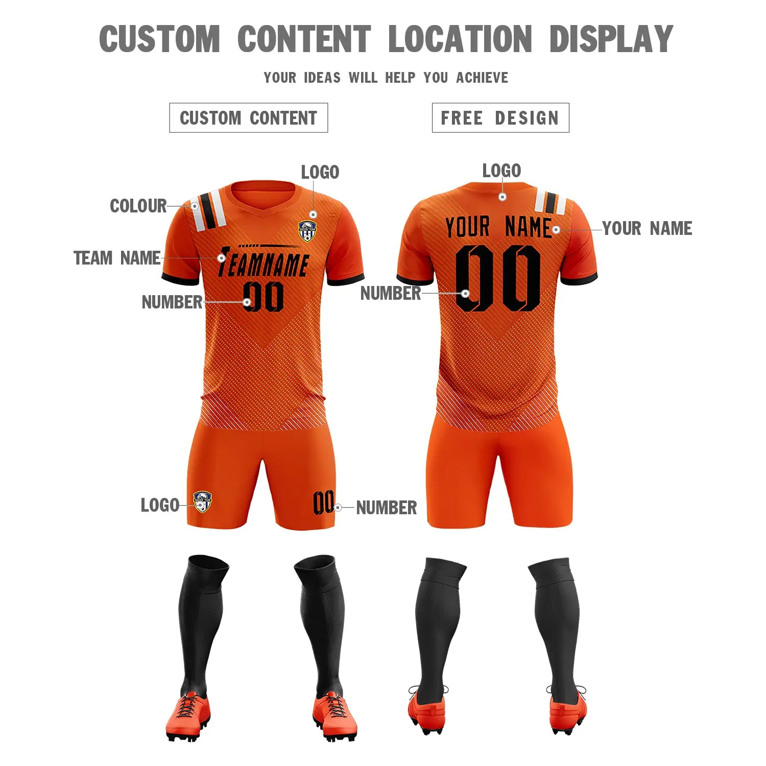 Custom Orange Black Shoulder Stripes Sport Soccer Sets Jersey