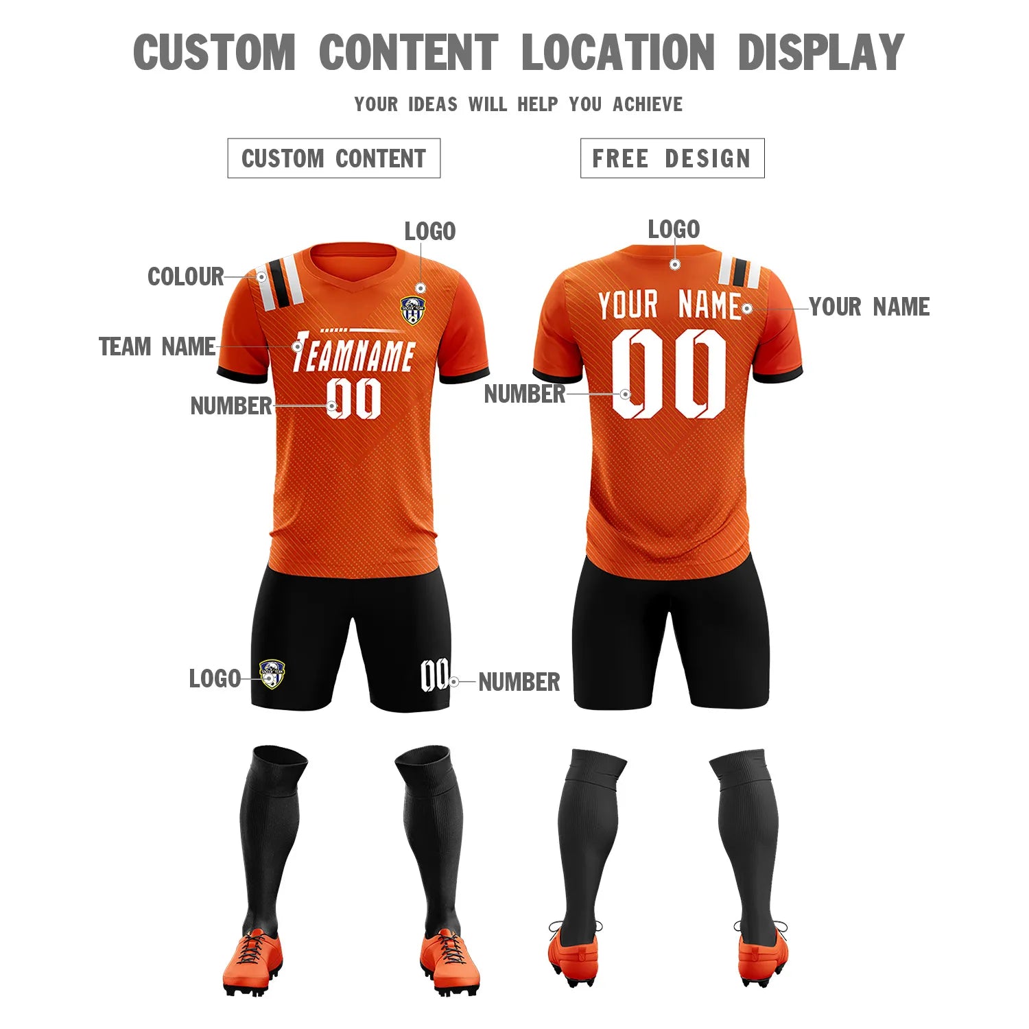 Custom Orange Black Shoulder Stripes Sport Soccer Sets Jersey