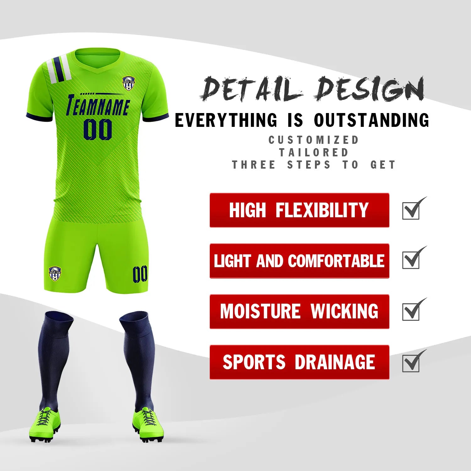Custom Neon Green Navy Shoulder Stripes Sport Soccer Sets Jersey