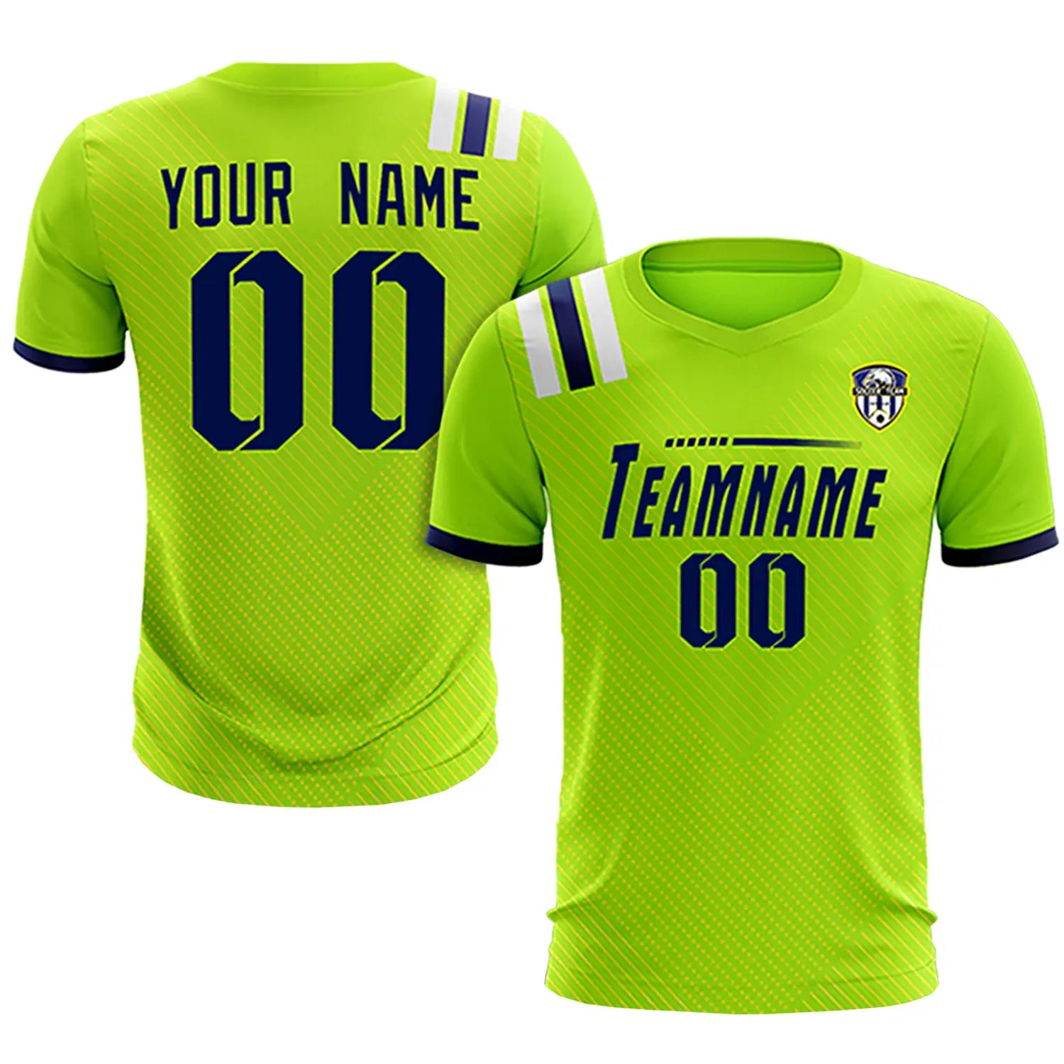 Custom Neon Green Navy Shoulder Stripes Sport Soccer Sets Jersey