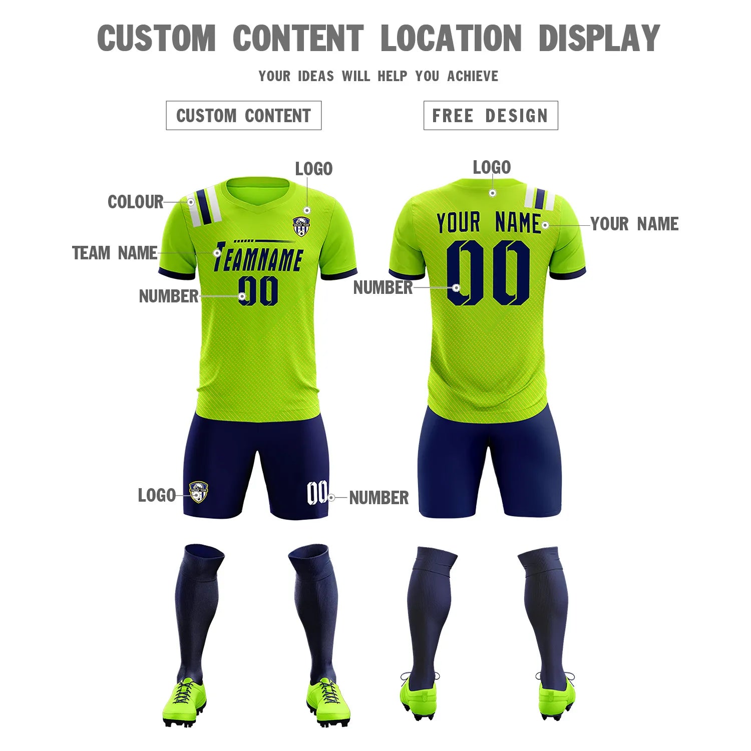 Custom Neon Green Navy Shoulder Stripes Sport Soccer Sets Jersey