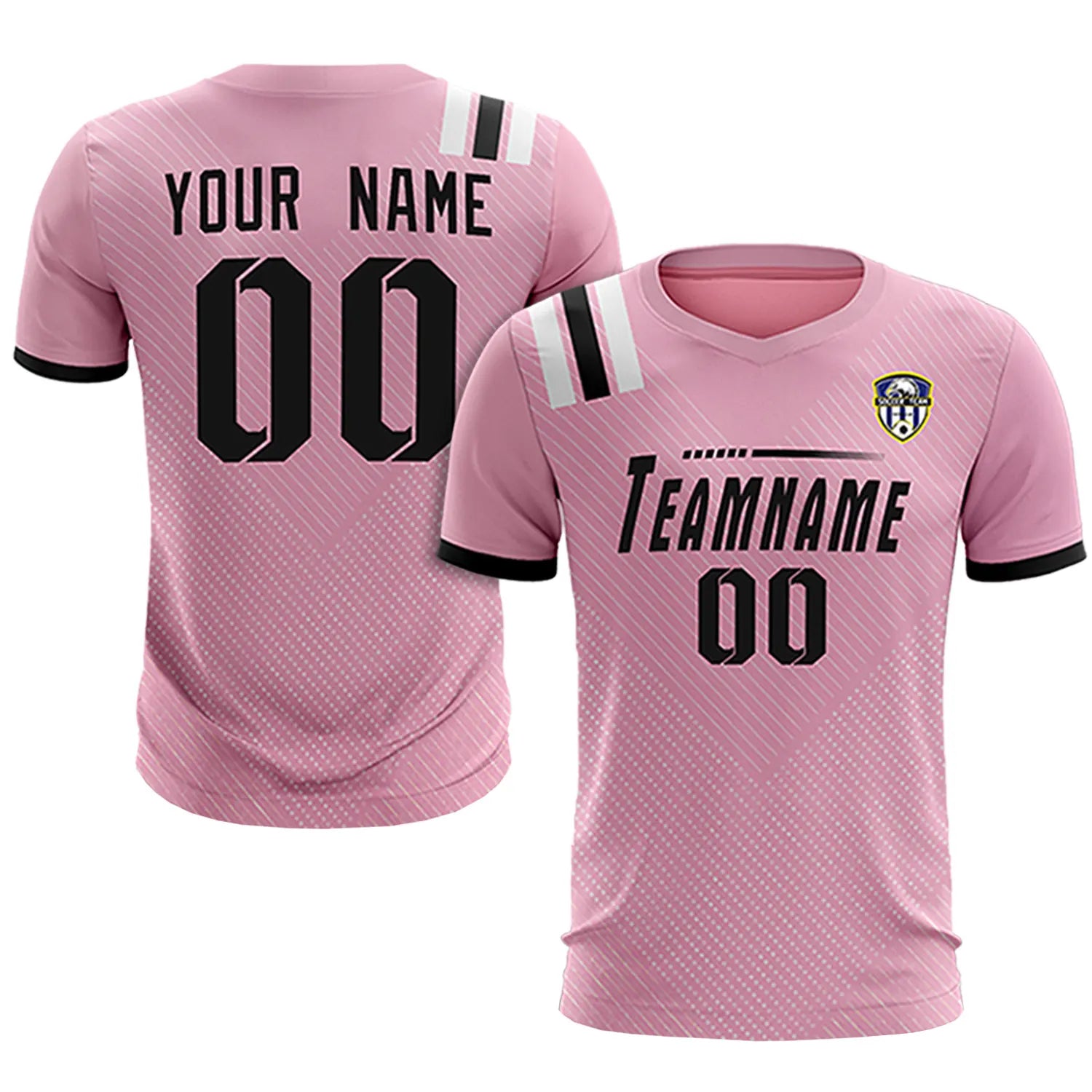Custom Light Pink Black Shoulder Stripes Sport Soccer Sets Jersey