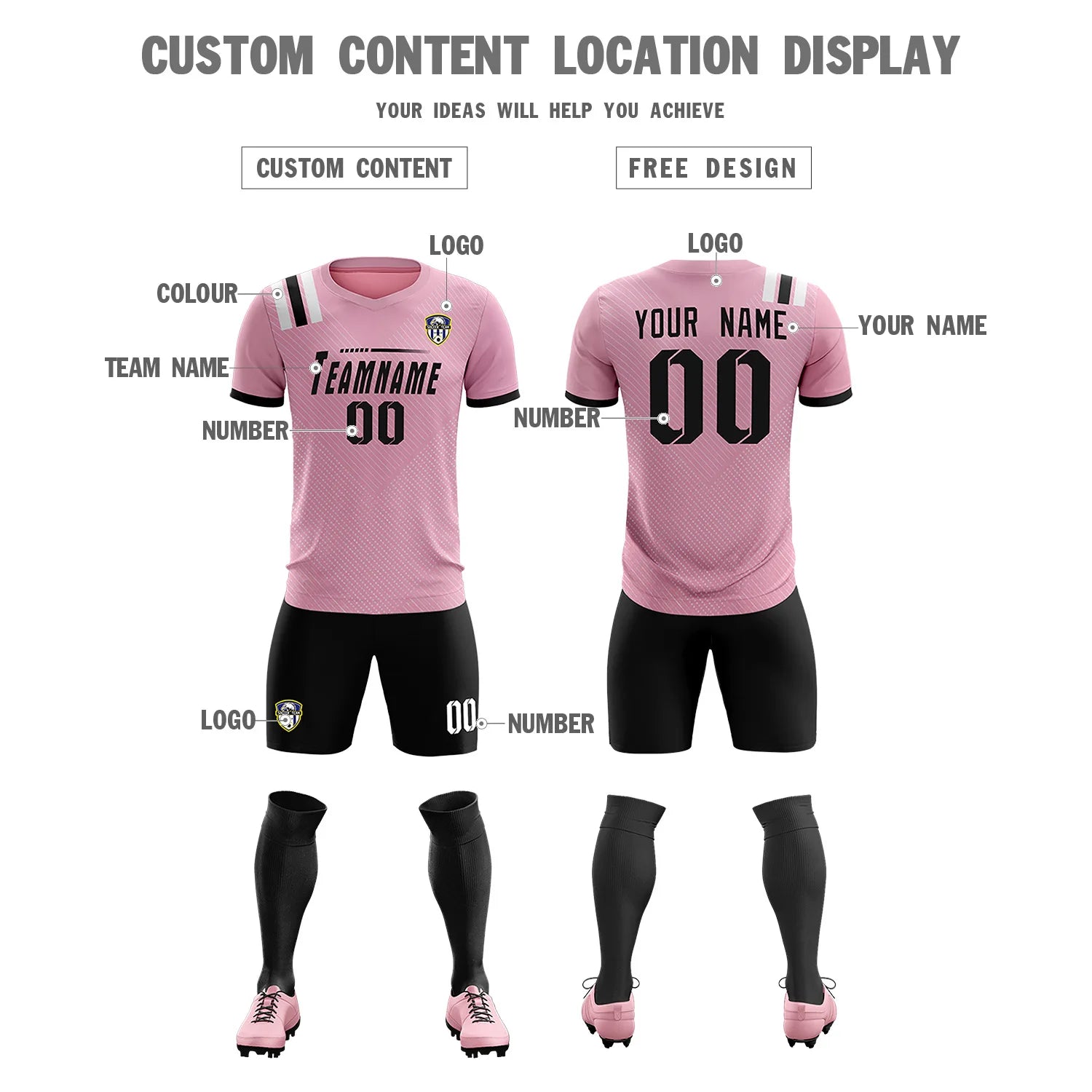 Custom Light Pink Black Shoulder Stripes Sport Soccer Sets Jersey
