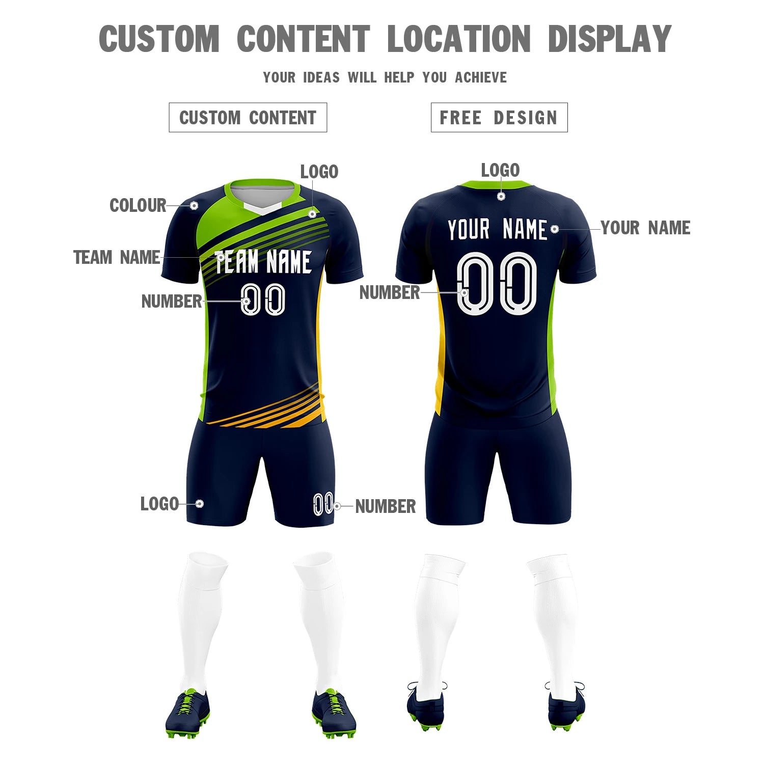 Custom Navy Neon Green-White Gradient Sport Soccer Sets Jersey