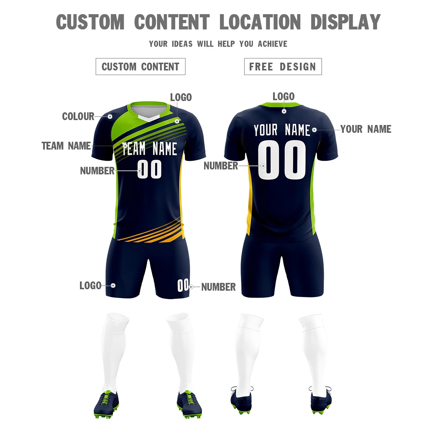 Custom Navy Neon Green-White Gradient Sport Soccer Sets Jersey