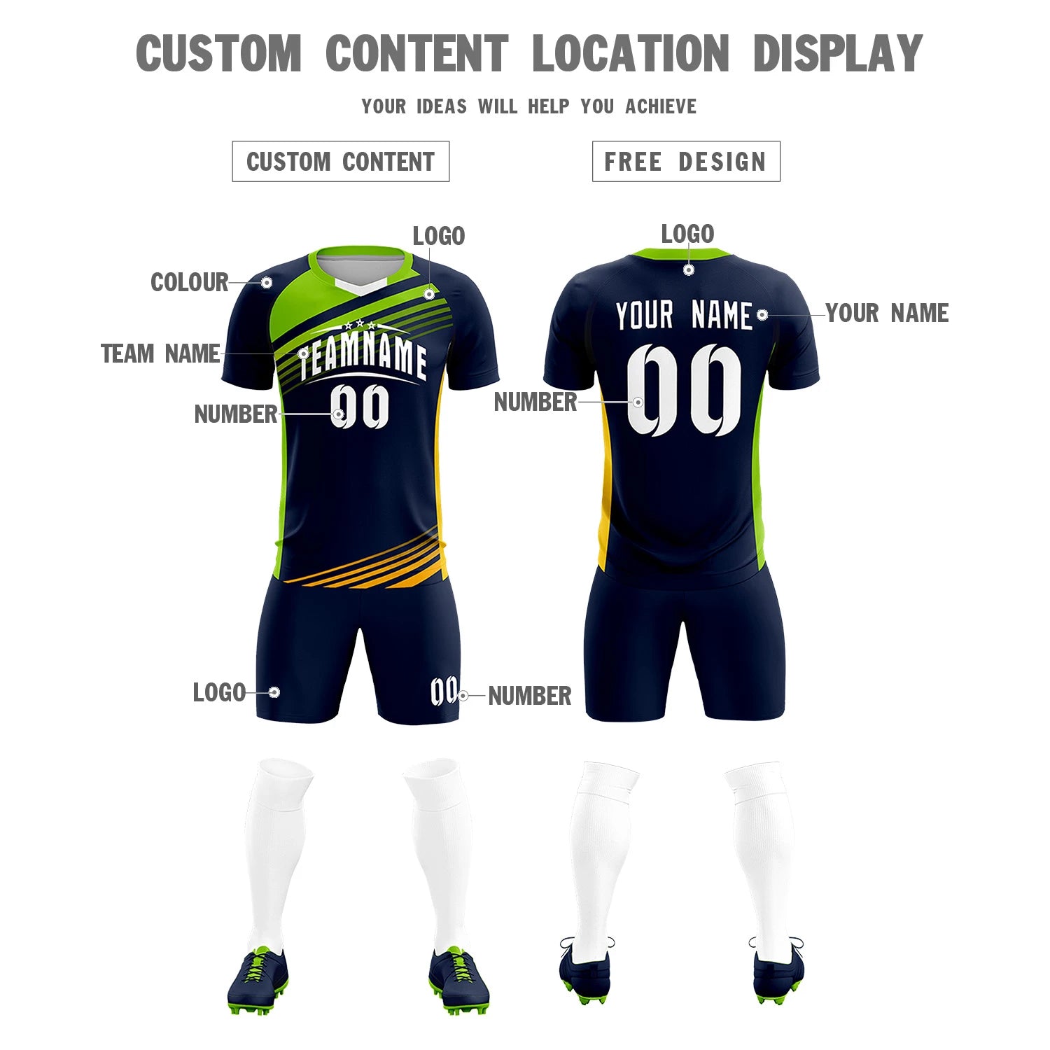 Custom Navy Neon Green-White Gradient Sport Soccer Sets Jersey