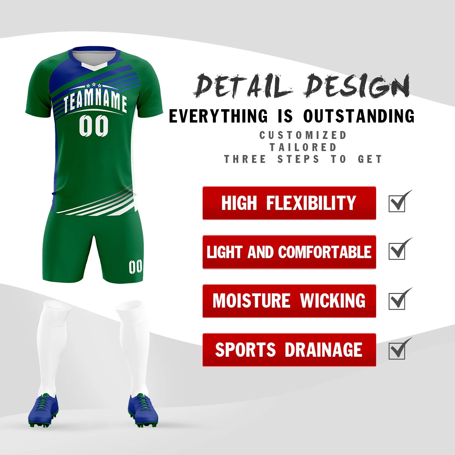 Custom Kelly Green Royal Blue-White Gradient Sport Soccer Sets Jersey