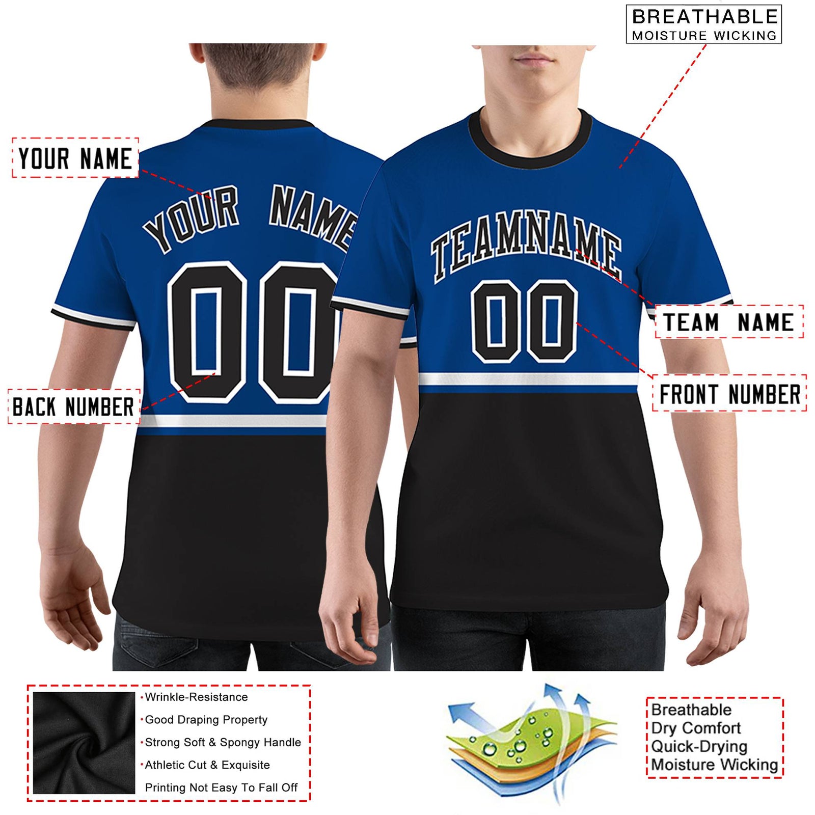 Custom Royal Blue Black-White Color Block Design Performance T-Shirt