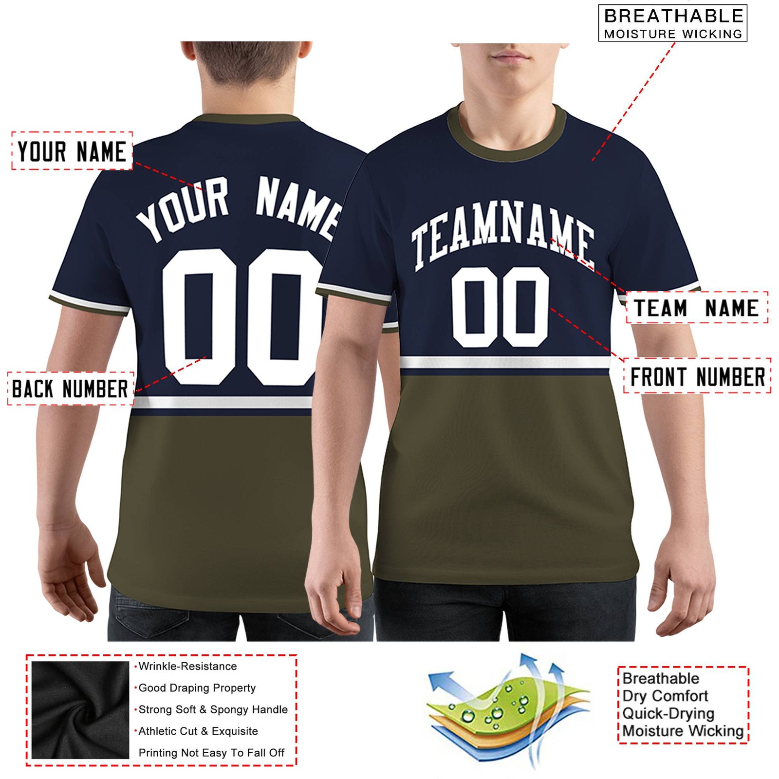 Custom Navy Olive-White Color Block Design Performance T-Shirt