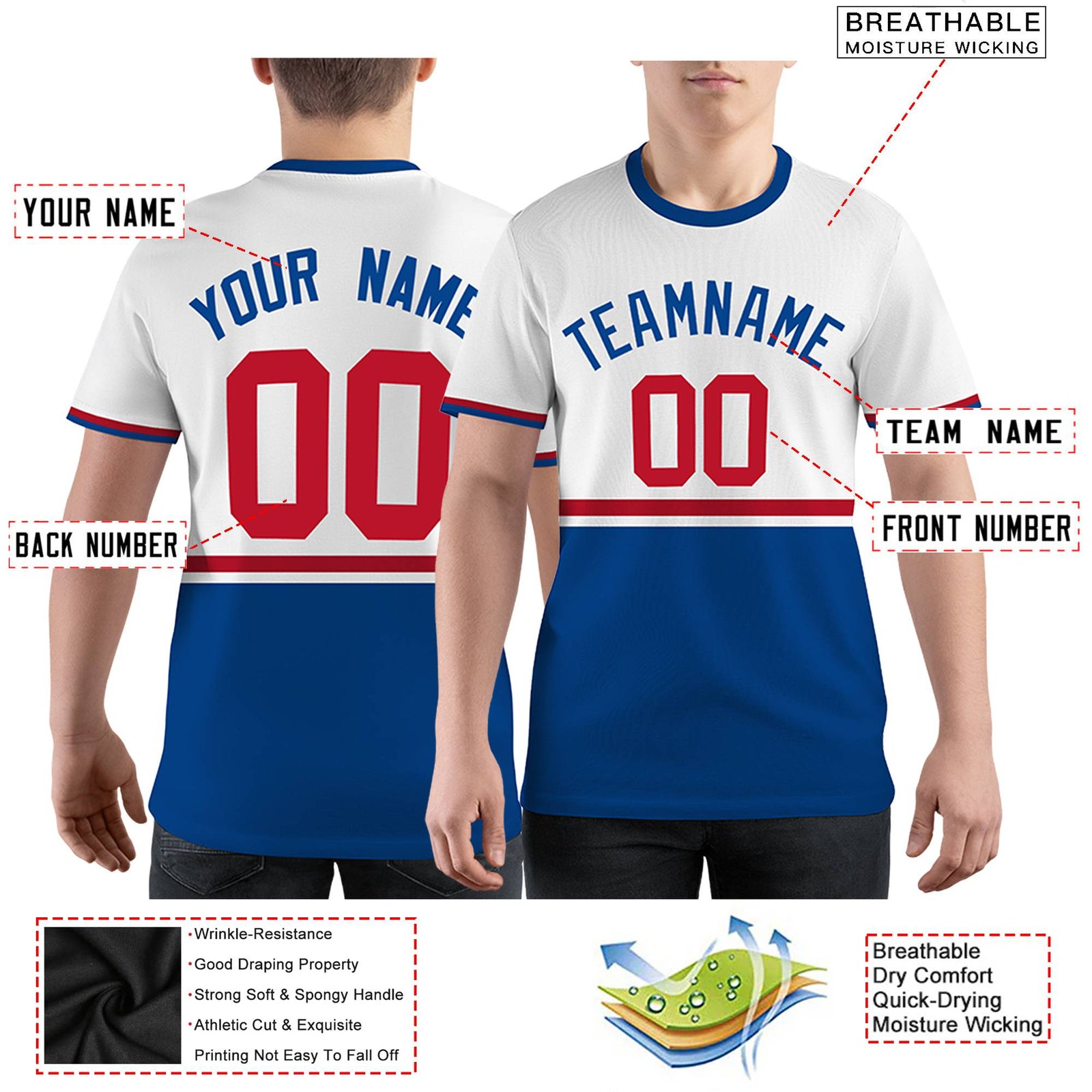 Custom White Royal Blue-Red Color Block Design Performance T-Shirt