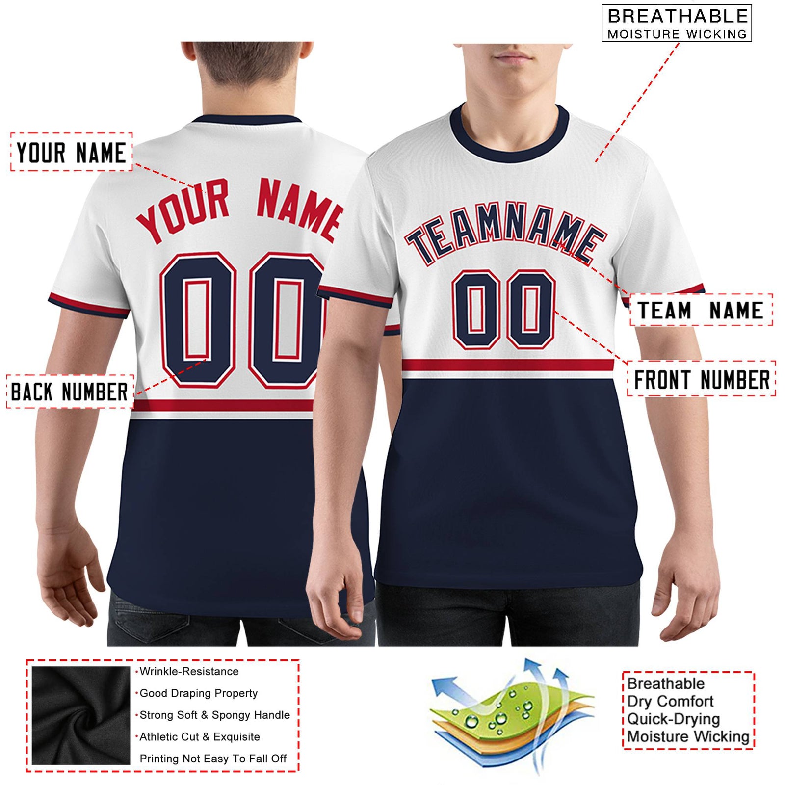 Custom White Navy-Red Color Block Design Performance T-Shirt