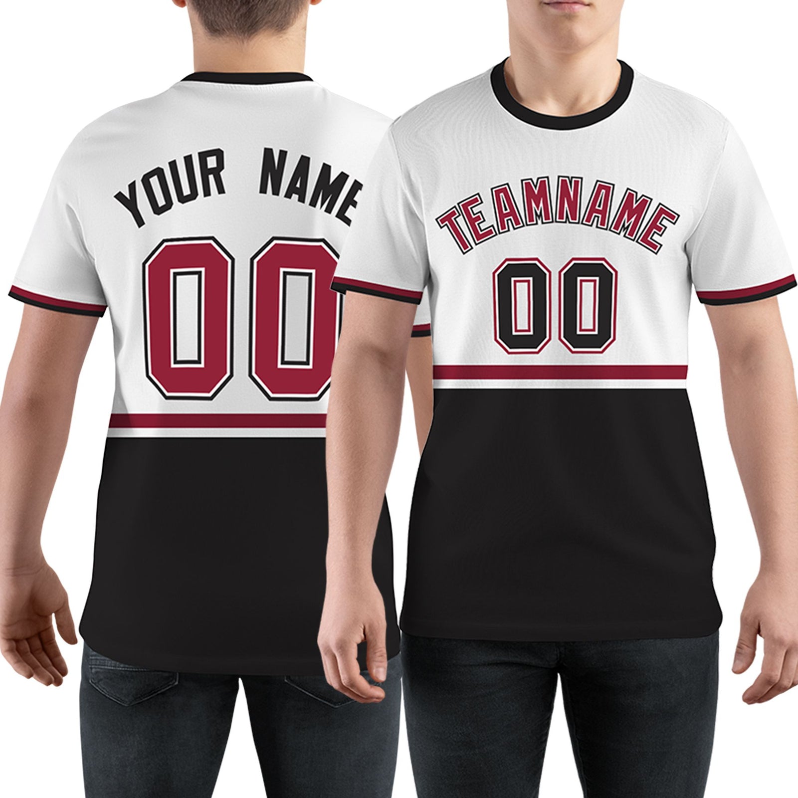 Custom White Black-Crimson Color Block Design Performance T-Shirt