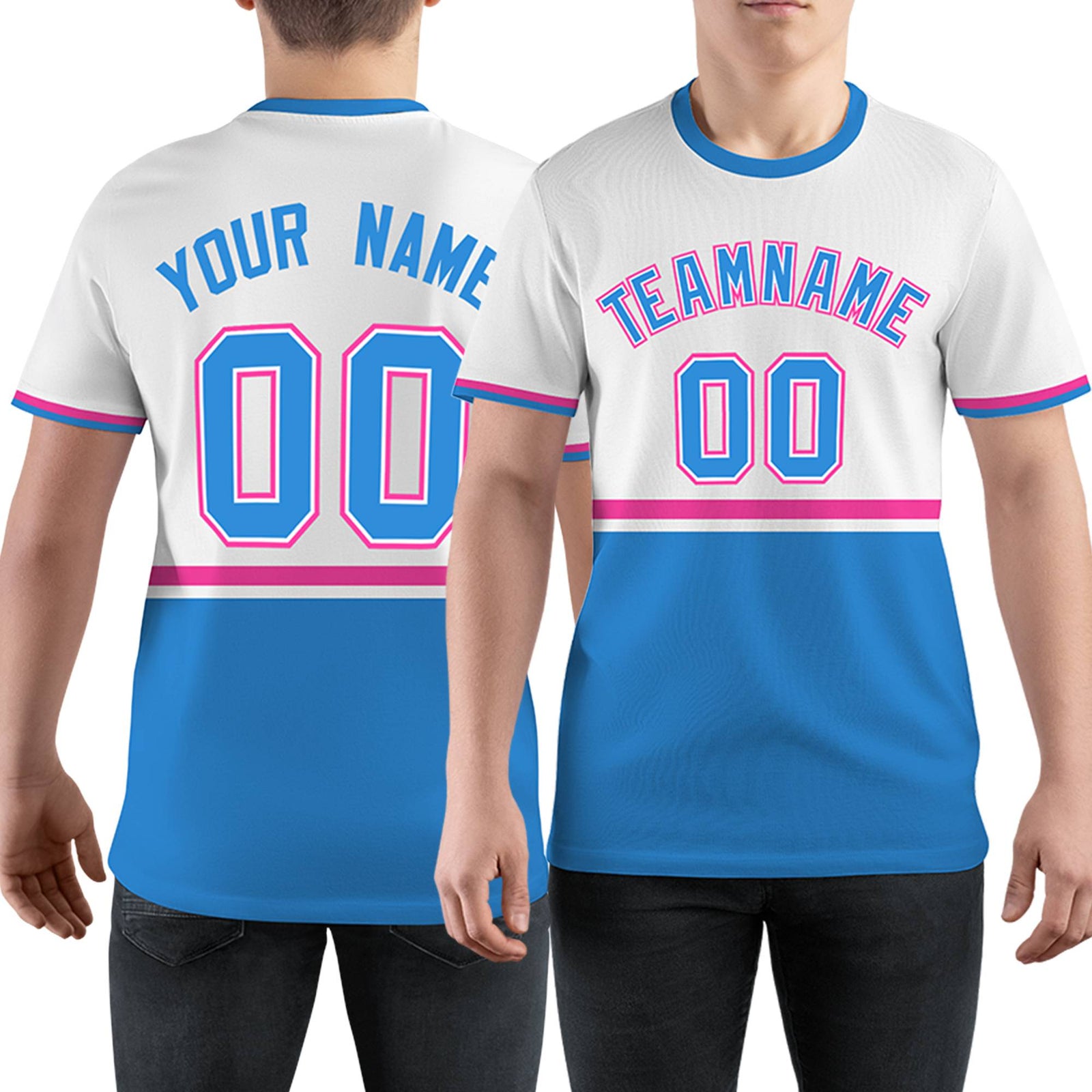 Custom White Powder Blue-Pink Color Block Design Performance T-Shirt