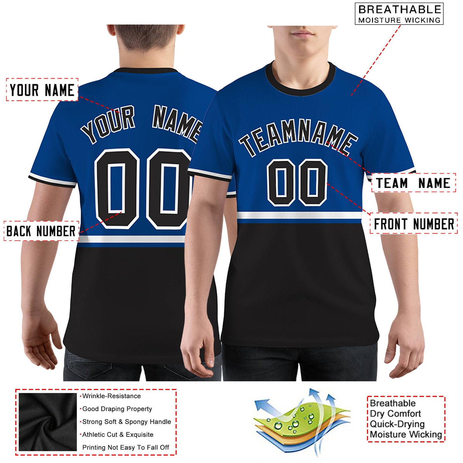 Custom Royal Blue Black-White Color Block Design Performance T-Shirt