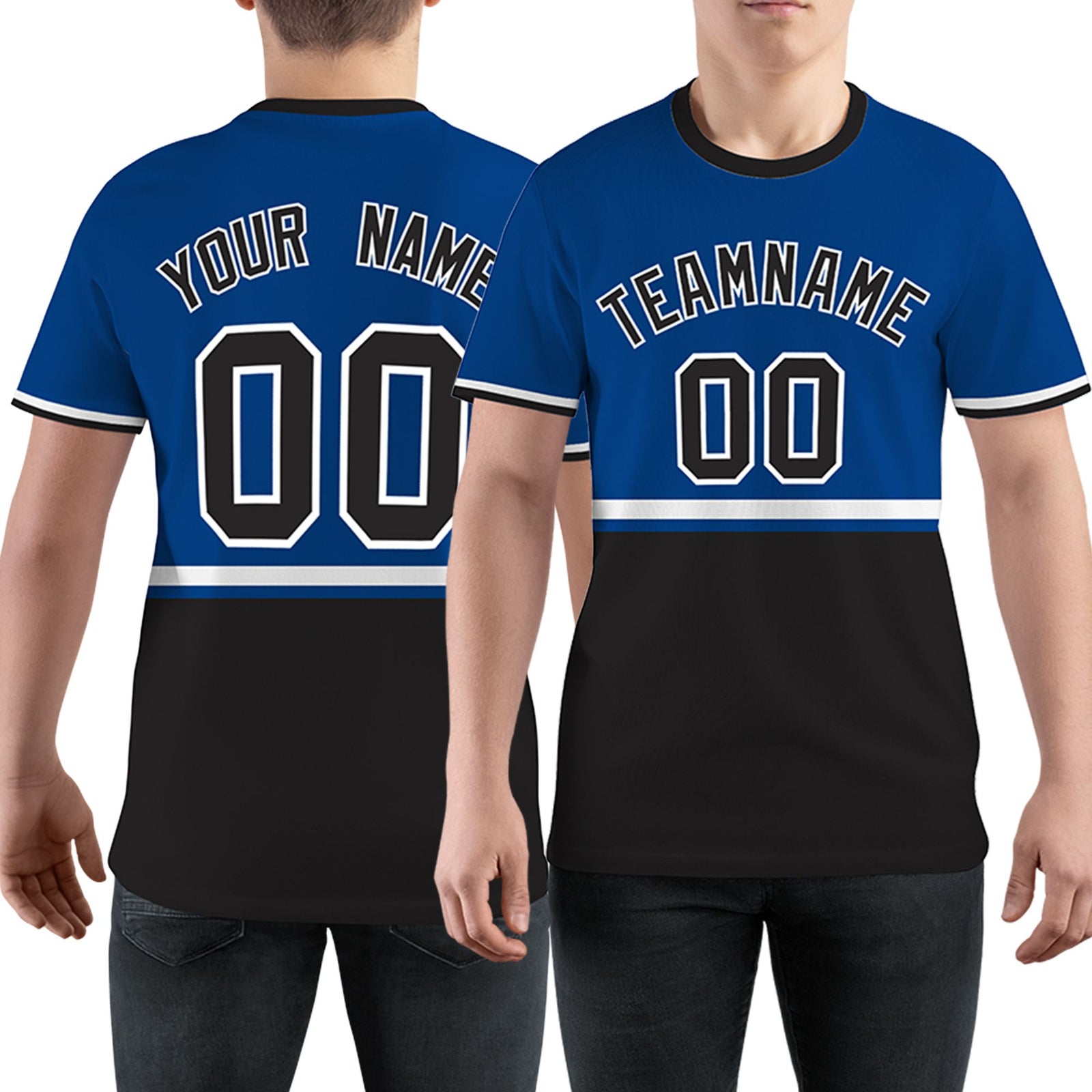 Custom Royal Blue Black-White Color Block Design Performance T-Shirt
