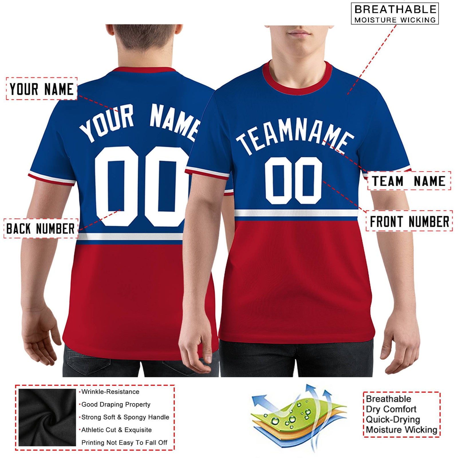 Custom Royal Blue Red-White Color Block Design Performance T-Shirt