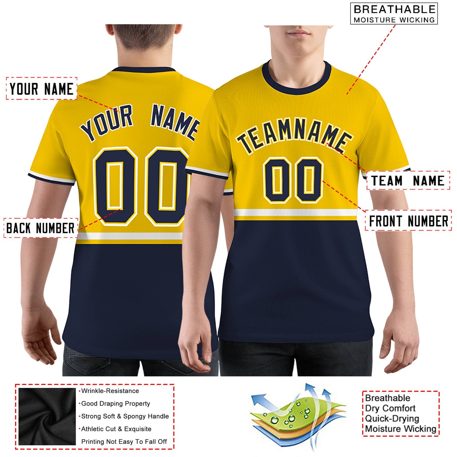 Custom Gold01 Navy-White Color Block Design Performance T-Shirt