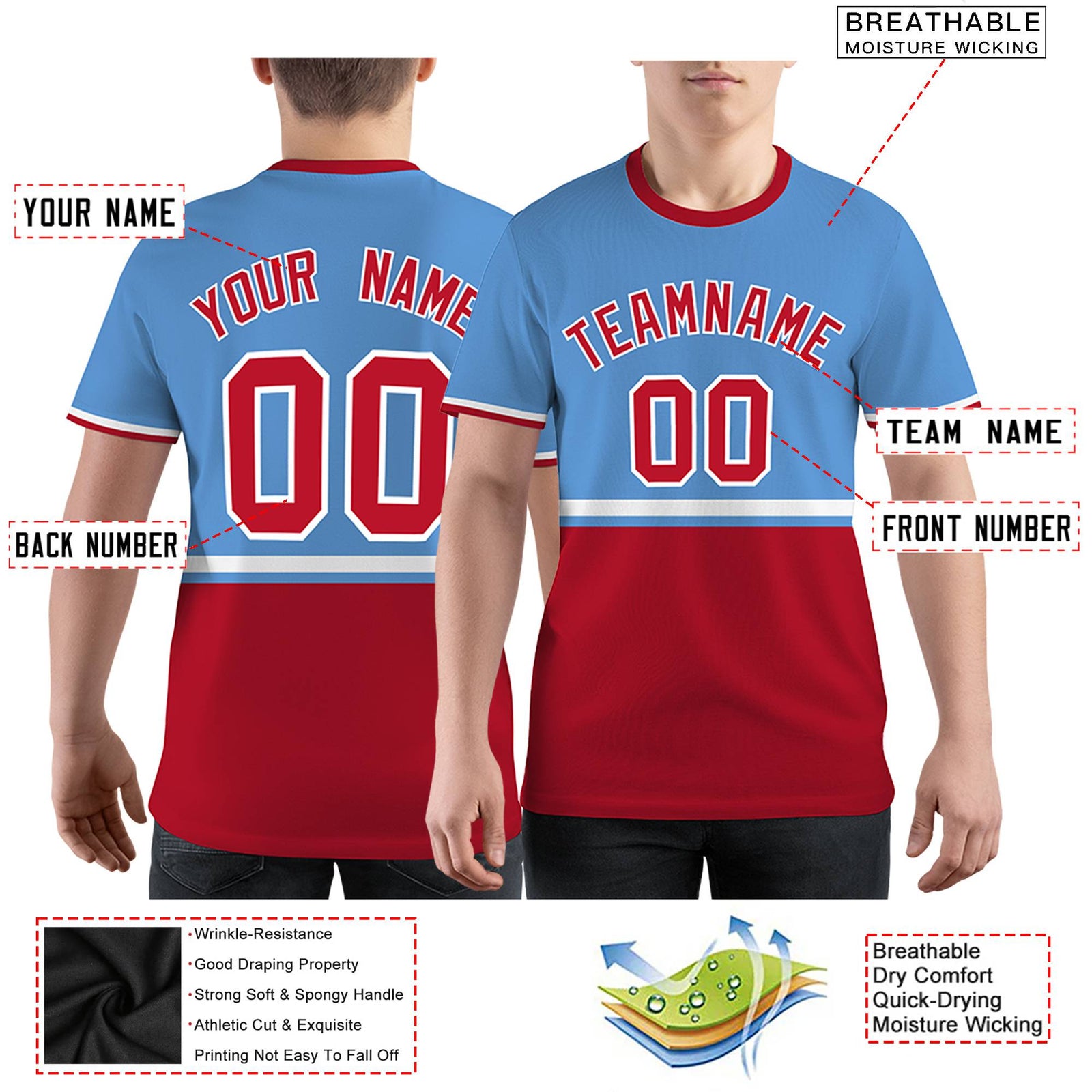 Custom Light Blue Red-White Color Block Design Performance T-Shirt