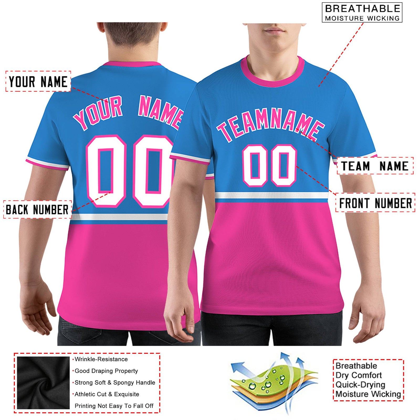 Custom Powder Blue Pink-White Color Block Design Performance T-Shirt