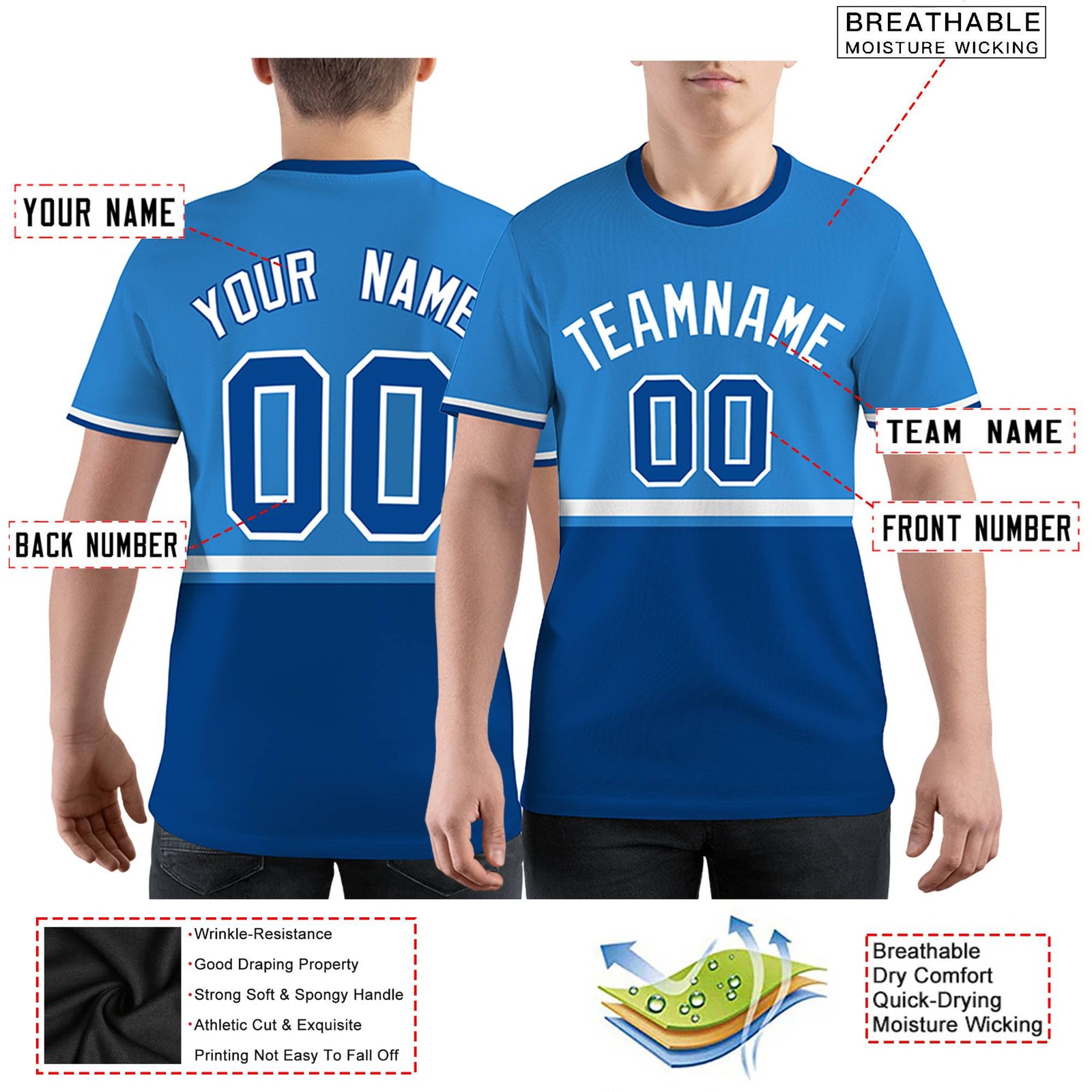 Custom Powder Blue Royal Blue-White Color Block Design Performance T-Shirt
