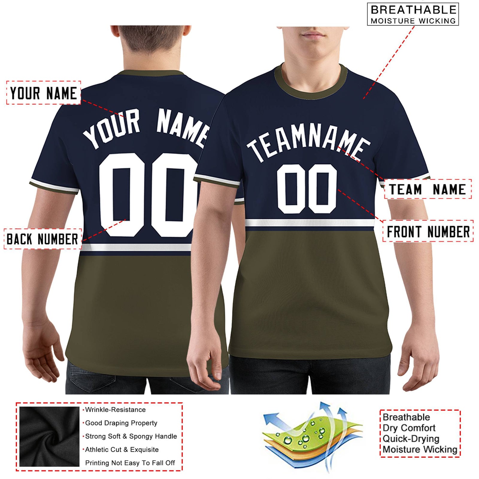 Custom Navy Olive-White Color Block Design Performance T-Shirt