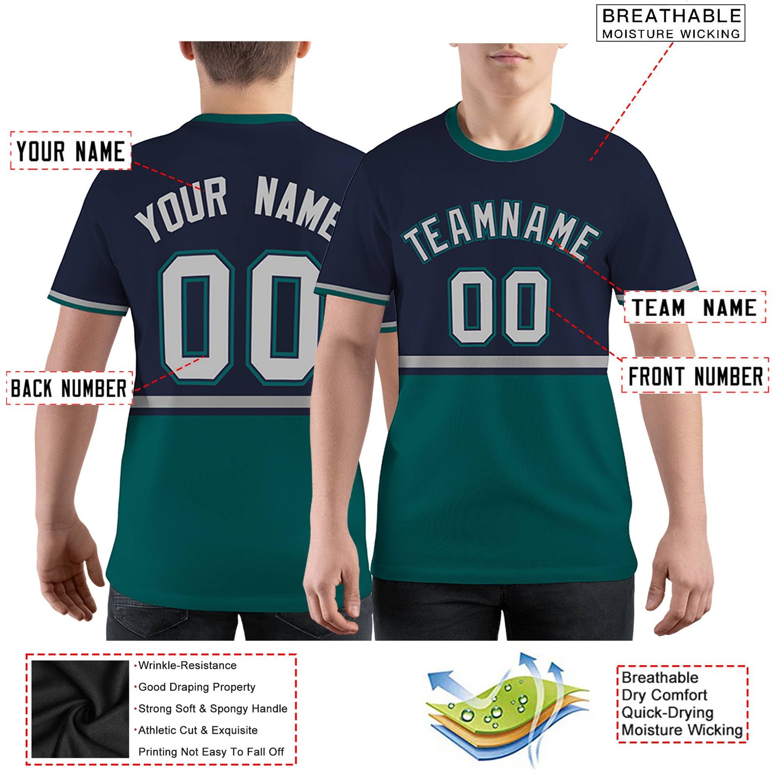 Custom Navy Midnight Green-Gray Color Block Design Performance T-Shirt