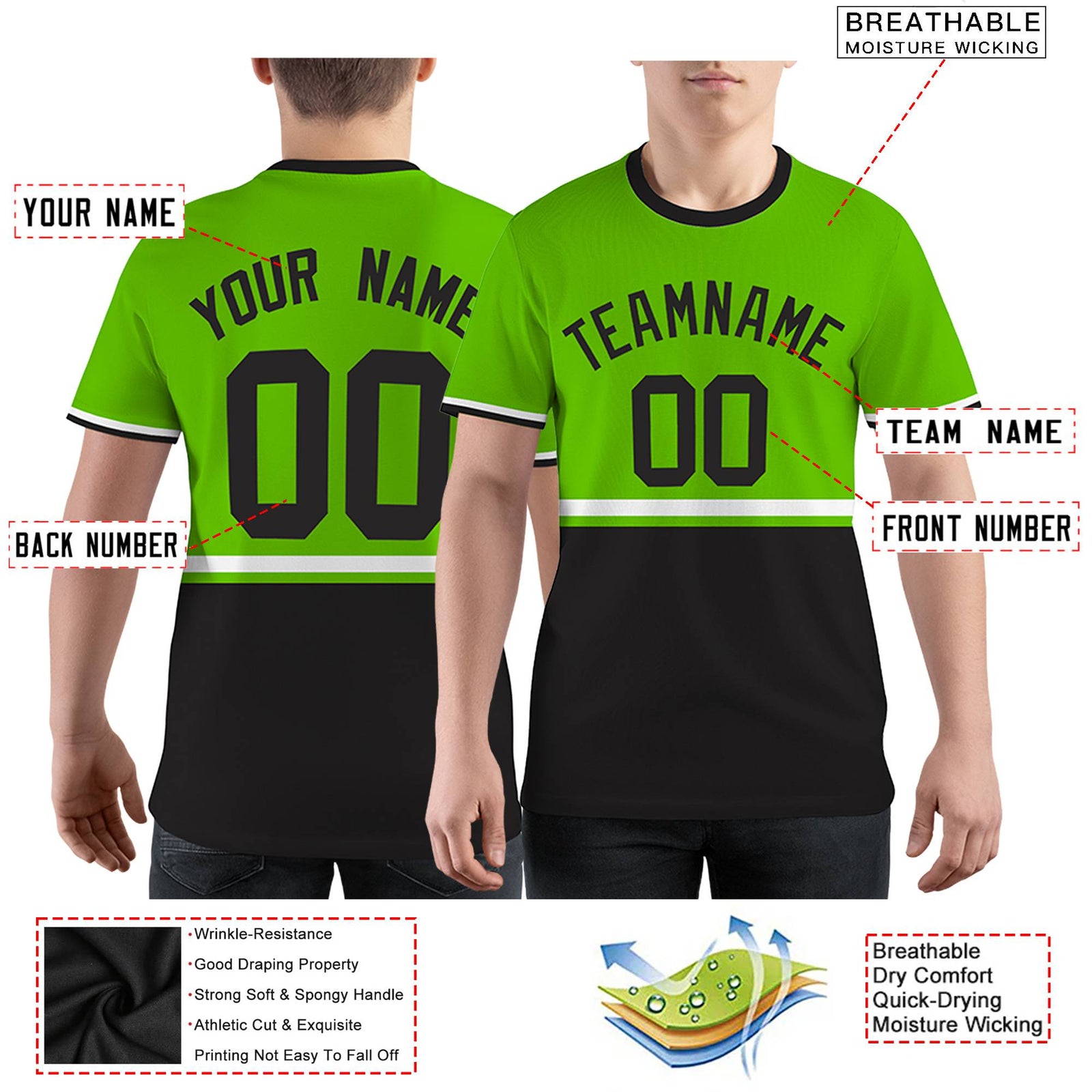 Custom Neon Green Black-White Color Block Design Performance T-Shirt