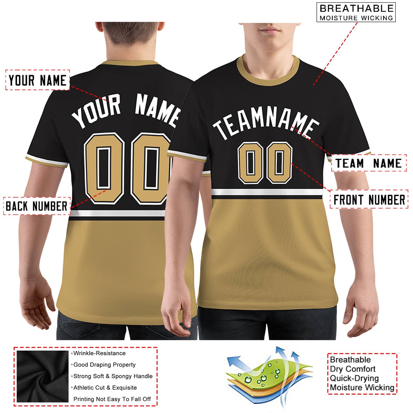 Custom Black Old Gold-White Color Block Design Performance T-Shirt